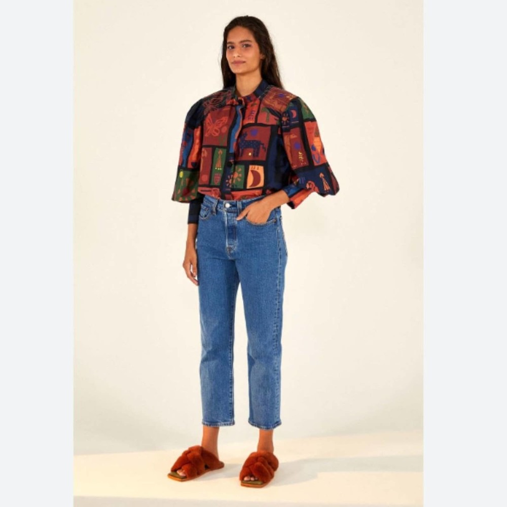 FARM RIO Colorful Tropical Icons Blouse